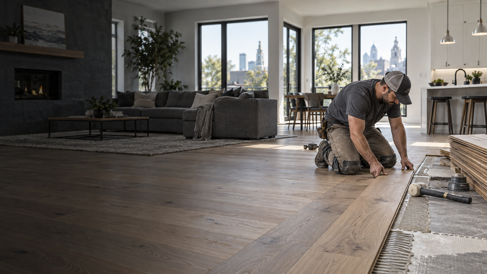 Professional installing natural wood flooring in a remodeled home