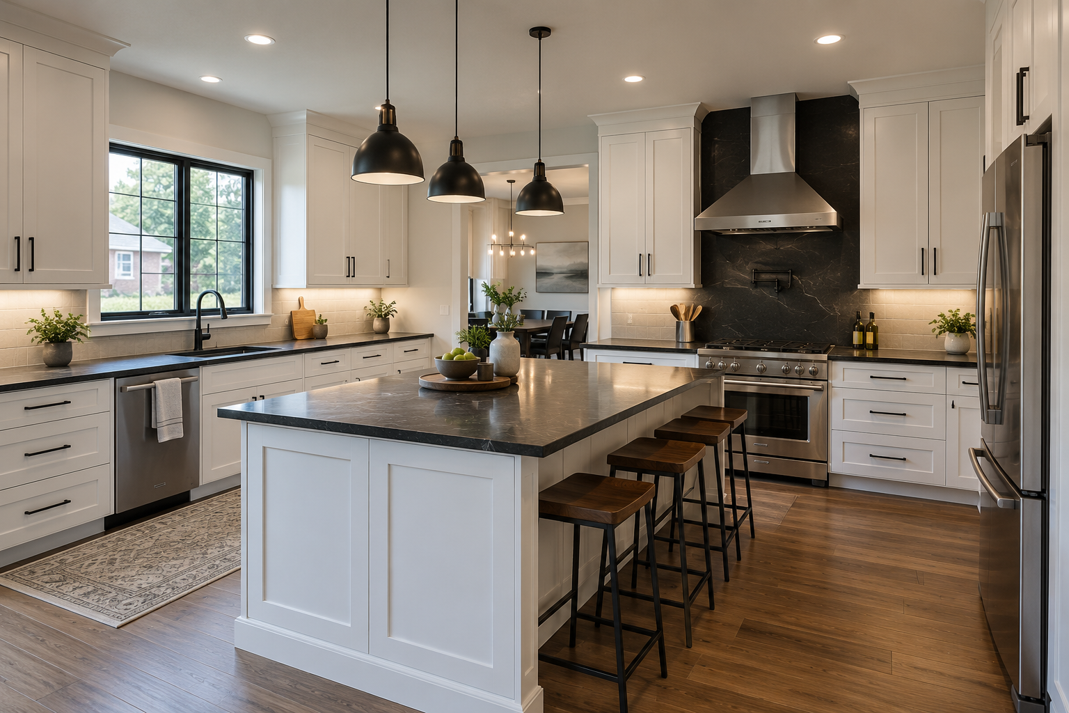 Modern white kitchen with wood flooring