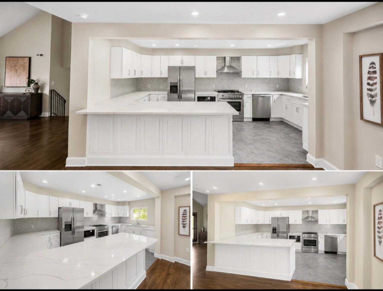 Open white kitchen remodel with island, recessed lighting, and new flooring
